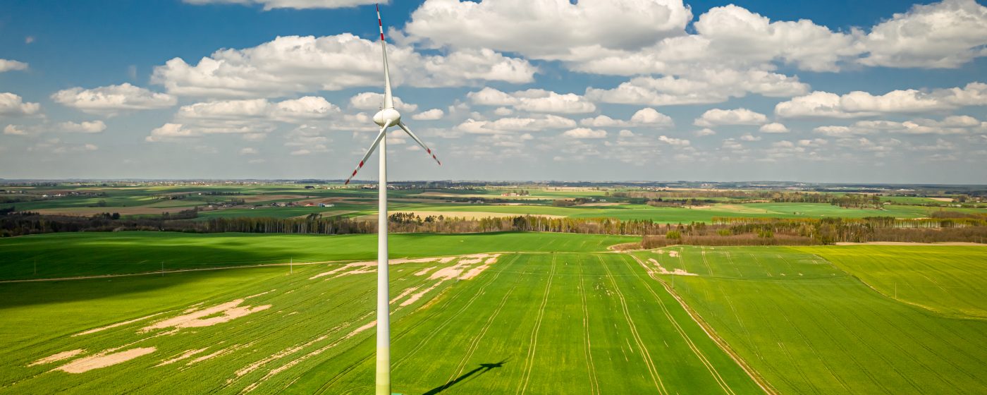 Wind turbines as alternative energy, aerial view of Poland